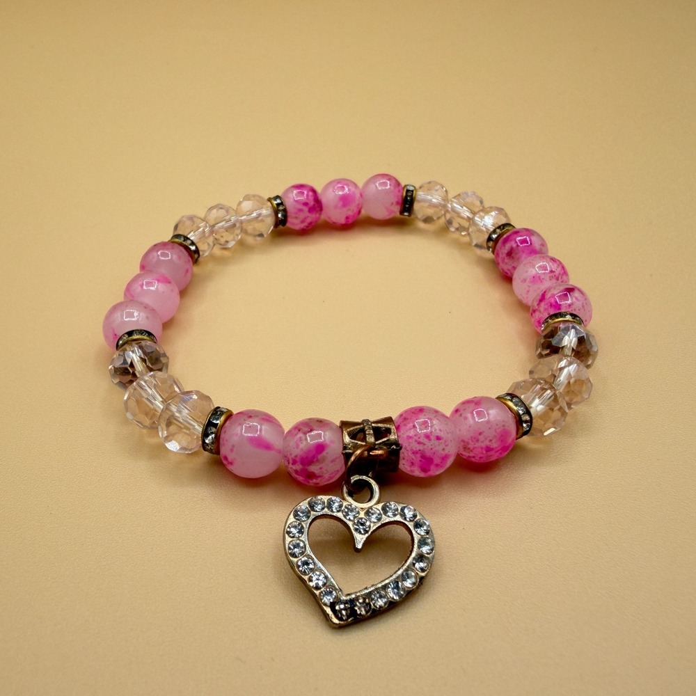 Pink Crystal Beaded Heart Charm Stretch Bracelet Romantic Coquette Statement